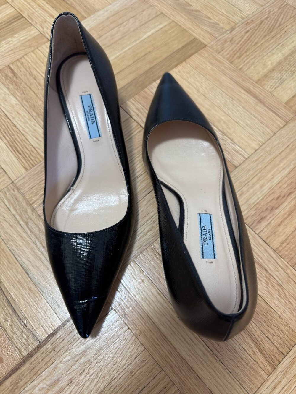 Prada Black Patent Textured Pointed-Toe 2 inch heel- Size 40